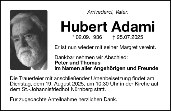 Traueranzeige von Hubert Adami von Gesamtausgabe Nürnberger Nachrichten/ Nürnberger Ztg.