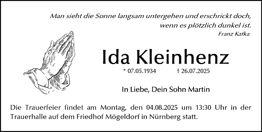  Traueranzeige für Ida Kleinhenz vom 02.08.2025 aus Gesamtausgabe Nürnberger Nachrichten/ Nürnberger Ztg.