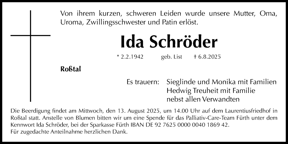 Traueranzeige für Ida Schröder vom 11.08.2025 aus Fürther Nachrichten Lokal