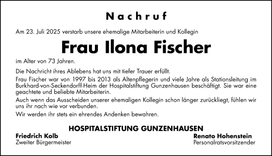 Traueranzeige von Ilona Fischer von Altmühl-Bote Lokal