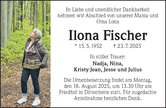 Traueranzeige von Ilona Fischer von Altmühl-Bote Lokal