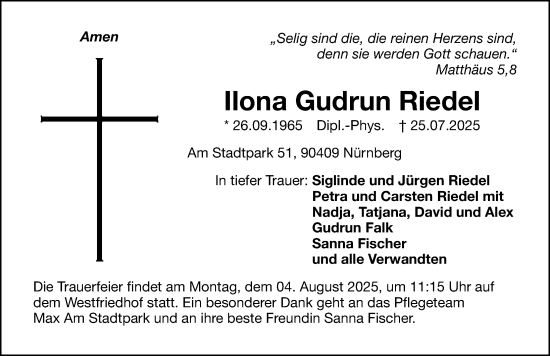 Traueranzeige von Ilona Gudrun Riedel von Gesamtausgabe Nürnberger Nachrichten/ Nürnberger Ztg.
