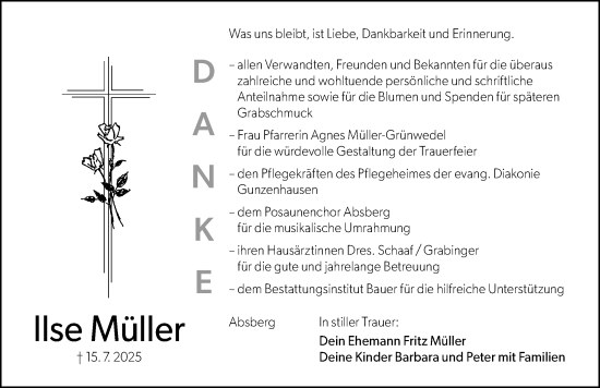 Traueranzeige von Ilse Müller von Altmühl-Bote Lokal