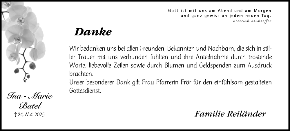  Traueranzeige für Ina-Marie Batel vom 16.08.2025 aus Erlanger Nachrichten Lokal
