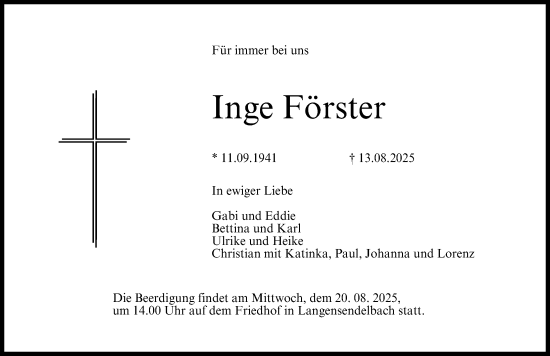 Traueranzeige von Inge Förster von Nordbayerische Nachrichten Forchheim Lokal