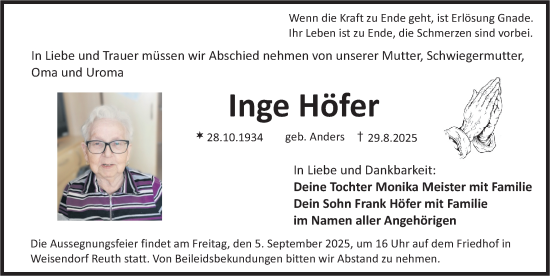 Traueranzeige von Inge Höfer von Nordbayerische Nachrichten Herzogenaurach Lokal