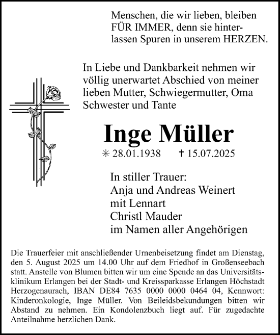 Traueranzeige von Inge Müller von Erlanger Nachrichten Lokal