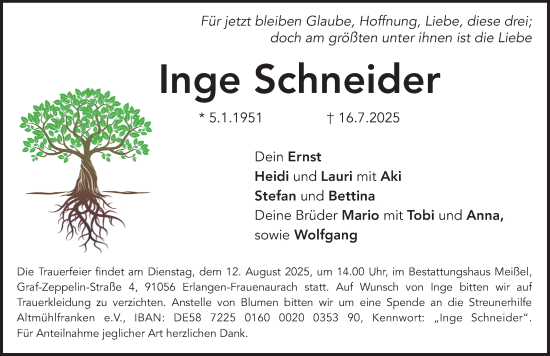 Traueranzeige von Inge Schneider von Erlanger Nachrichten Lokal