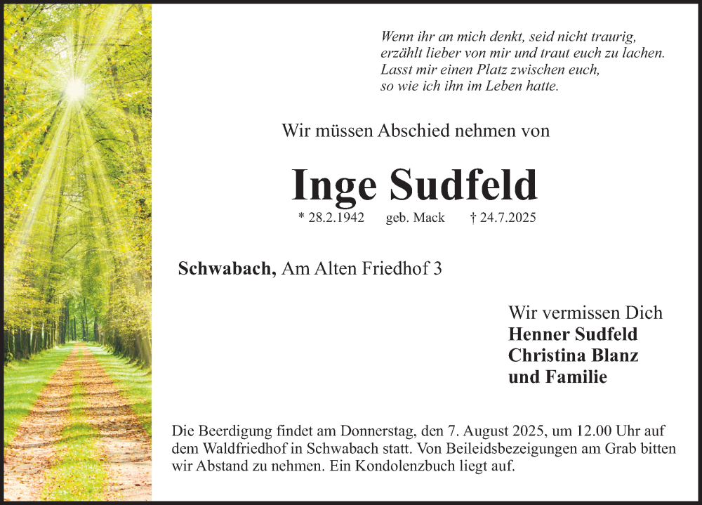  Traueranzeige für Inge Sudfeld vom 02.08.2025 aus Schwabacher Tagblatt Lokal
