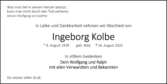Traueranzeige von Ingeborg Kolbe von Gesamtausgabe Nürnberger Nachrichten/ Nürnberger Ztg.