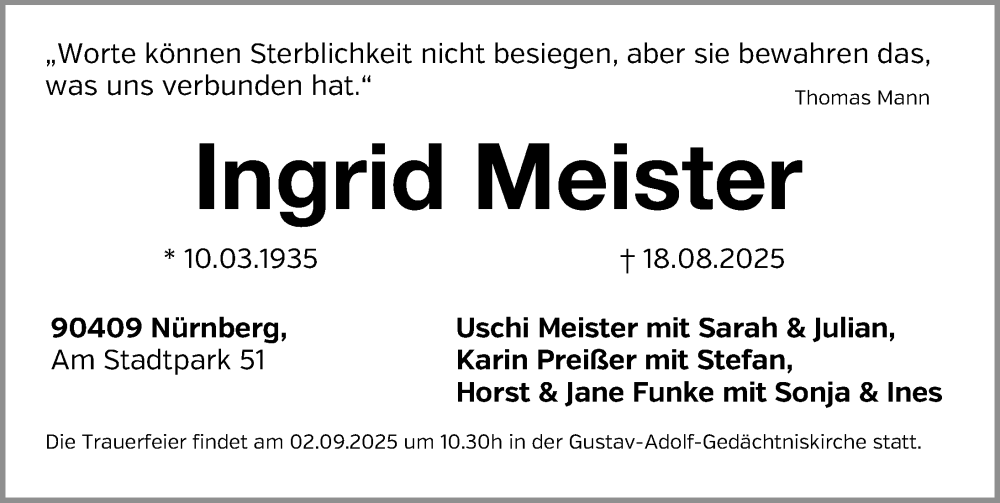  Traueranzeige für Ingrid Meister vom 30.08.2025 aus Gesamtausgabe Nürnberger Nachrichten/ Nürnberger Ztg.