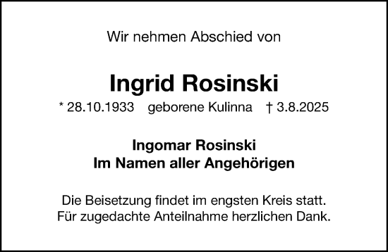 Traueranzeige von Ingrid Rosinski von Fürther Nachrichten Lokal