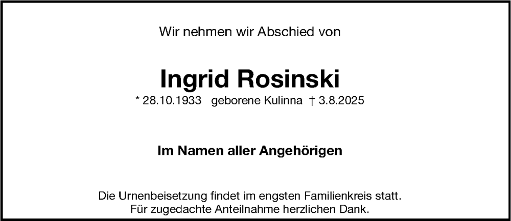  Traueranzeige für Ingrid Rosinski vom 13.08.2025 aus Fürther Nachrichten Lokal