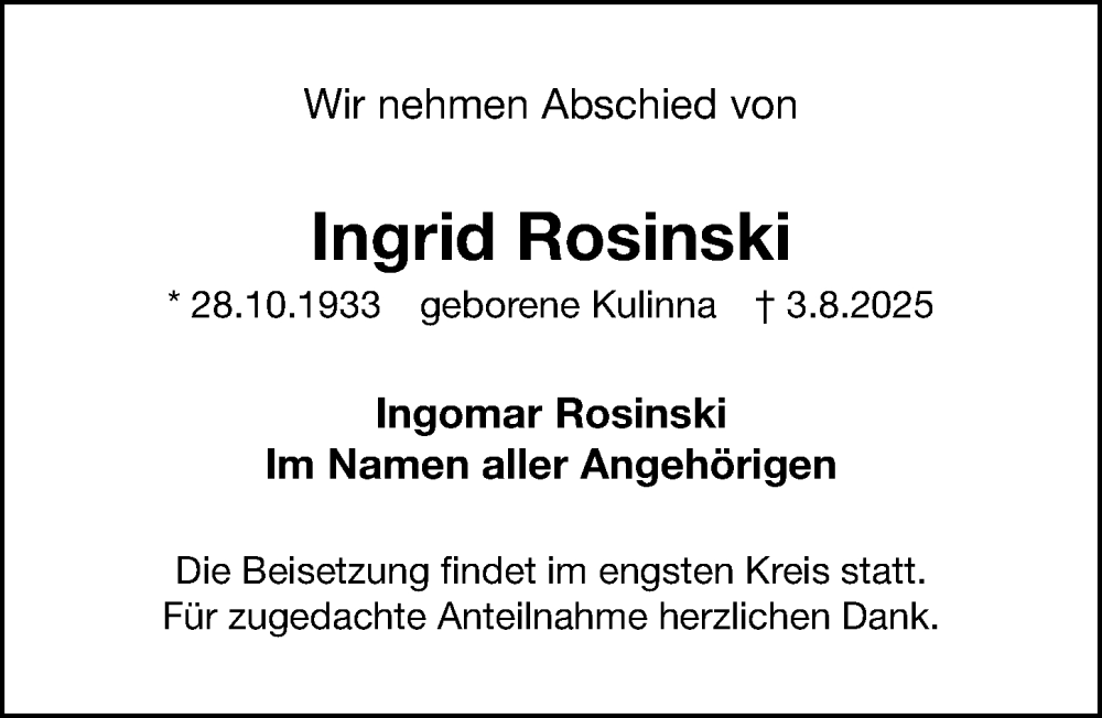  Traueranzeige für Ingrid Rosinski vom 16.08.2025 aus Fürther Nachrichten Lokal