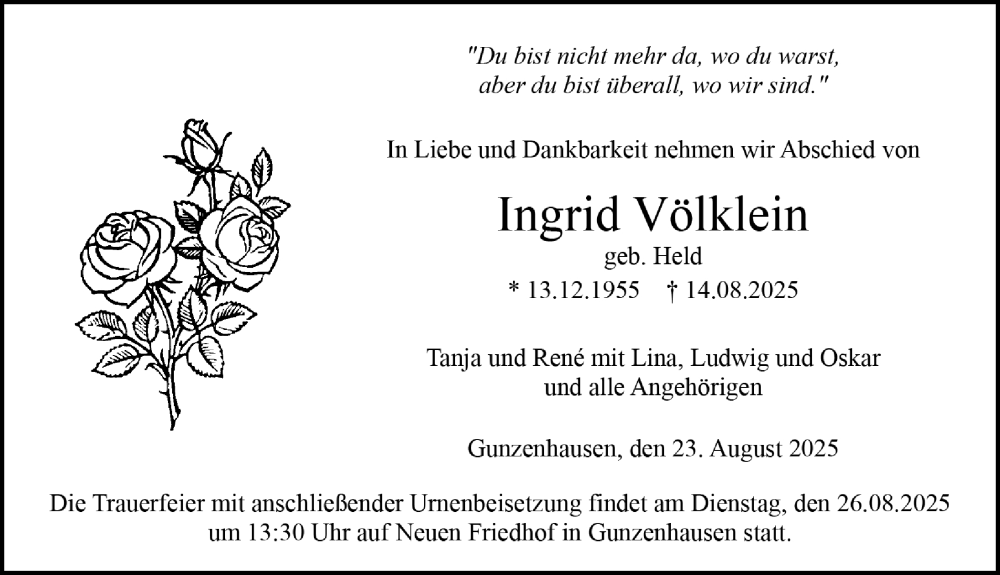  Traueranzeige für Ingrid Völklein vom 23.08.2025 aus Altmühl-Bote Lokal