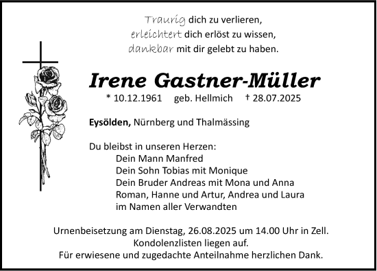 Traueranzeige von Irene Gastner-Müller von Gesamtausgabe Nürnberger Nachrichten/ Nürnberger Ztg.
