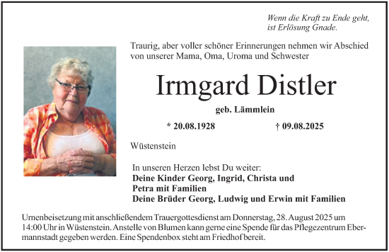 Traueranzeige von Irmgard Distler von Nordbayerische Nachrichten Forchheim Lokal