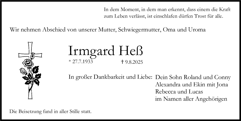  Traueranzeige für Irmgard Heß vom 30.08.2025 aus Erlanger Nachrichten Lokal