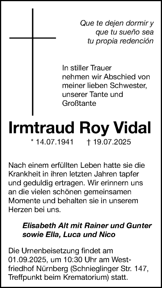Traueranzeige von Irmtraud Roy Vidal von Gesamtausgabe Nürnberger Nachrichten/ Nürnberger Ztg.