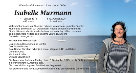 Traueranzeige von Isabelle Murmann von Nordbayerische Nachrichten Pegnitz Lokal