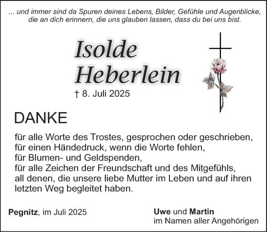 Traueranzeige von Isolde Heberlein von Nordbayerische Nachrichten Pegnitz Lokal