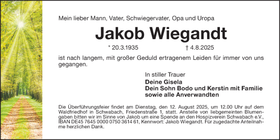 Traueranzeige von Jakob Wiegandt von Gesamtausgabe Nürnberger Nachrichten/ Nürnberger Ztg.