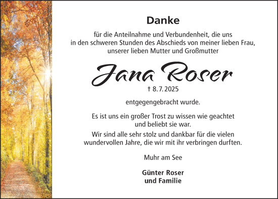 Traueranzeige von Jana Roser von Altmühl-Bote Lokal