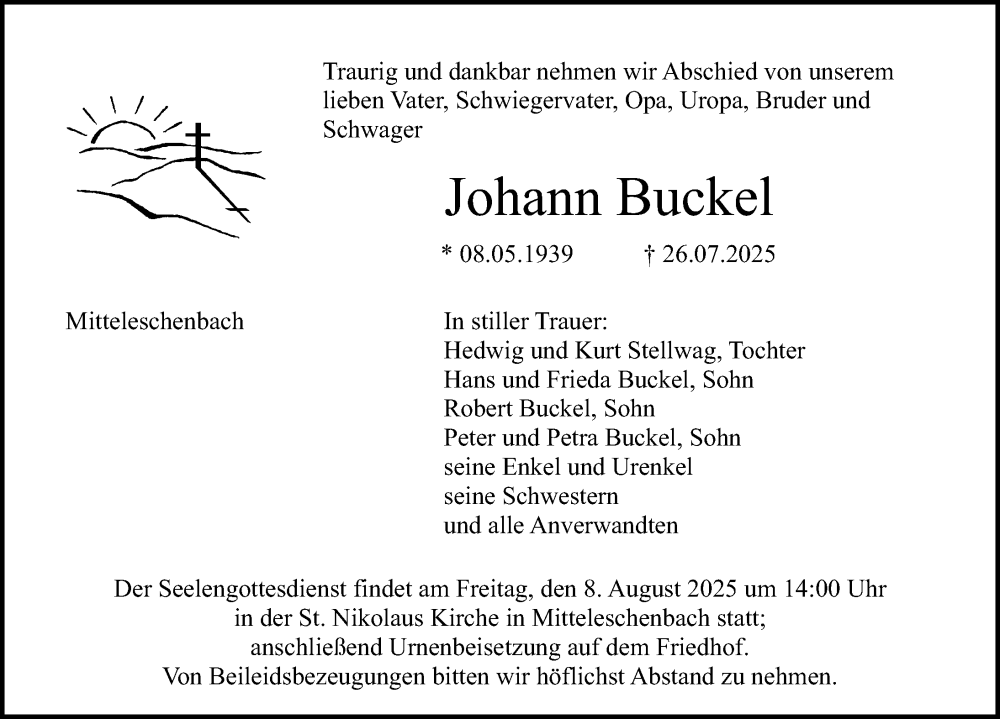  Traueranzeige für Johann Buckel vom 06.08.2025 aus Altmühl-Bote Lokal
