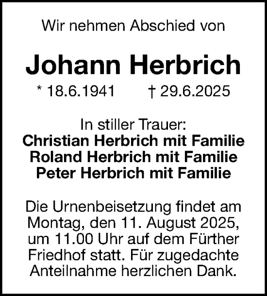 Traueranzeige von Johann Herbrich von Gesamtausgabe Nürnberger Nachrichten/ Nürnberger Ztg.