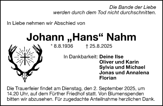 Traueranzeige von Johann Nahm von Gesamtausgabe Nürnberger Nachrichten/ Nürnberger Ztg./ Fürther Nachrichten