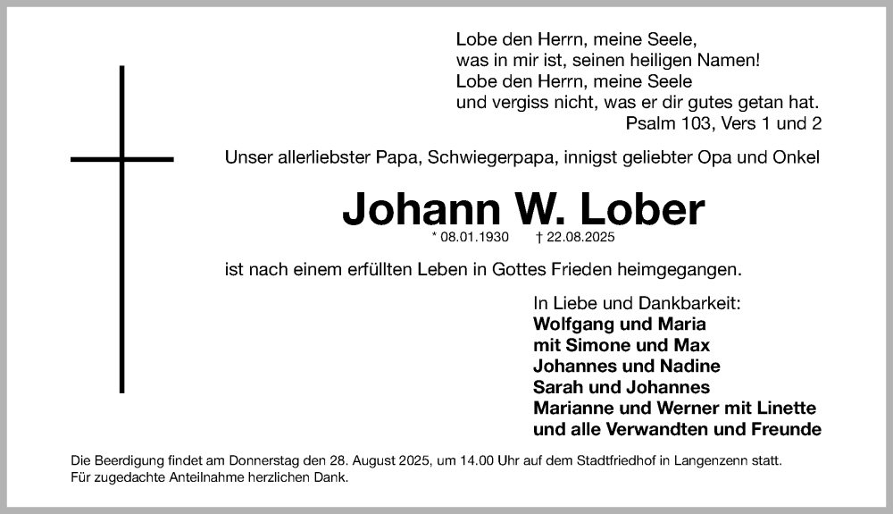  Traueranzeige für Johann W. Lober vom 26.08.2025 aus Fürther Nachrichten Lokal