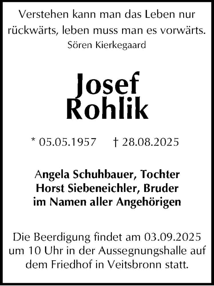  Traueranzeige für Josef Rohlik vom 30.08.2025 aus Fürther Nachrichten Lokal