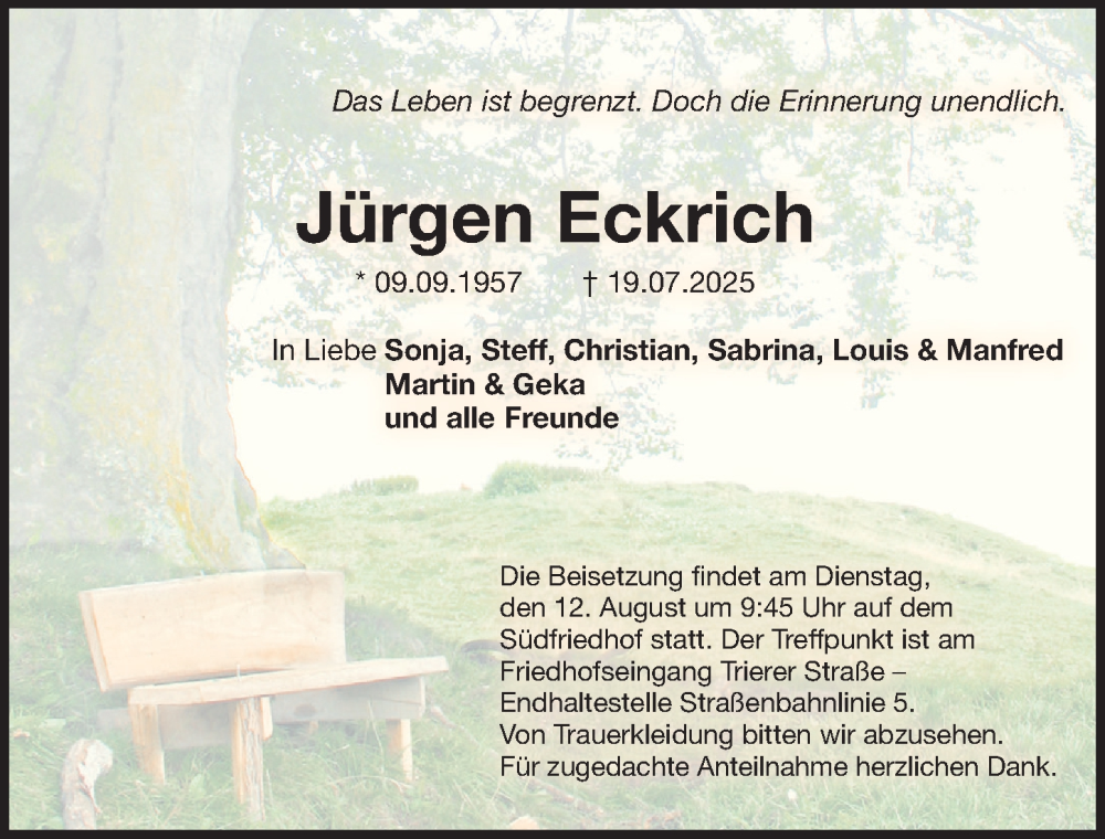  Traueranzeige für Jürgen Eckrich vom 09.08.2025 aus Gesamtausgabe Nürnberger Nachrichten/ Nürnberger Ztg.