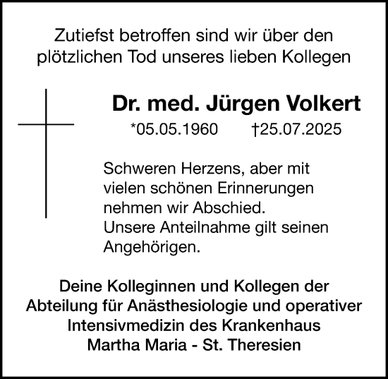 Traueranzeige von Jürgen Volkert von Gesamtausgabe Nürnberger Nachrichten/ Nürnberger Ztg.