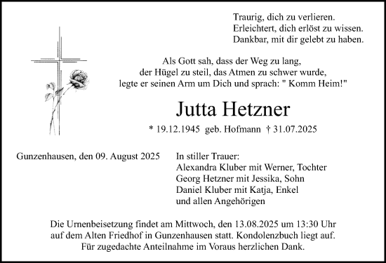 Traueranzeige von Jutta Hetzner von Altmühl-Bote Lokal
