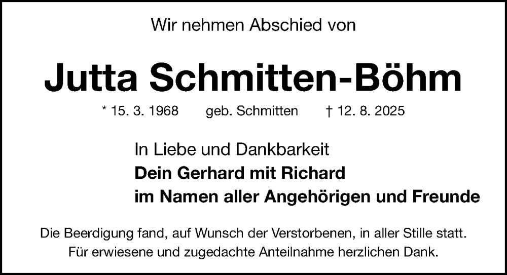  Traueranzeige für Jutta Schmitten-Böhm vom 23.08.2025 aus Fürther Nachrichten Lokal