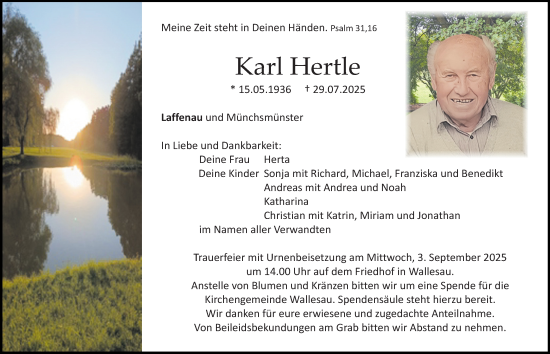 Traueranzeige von Karl Hertle von Roth-Hilpoltsteiner Volkszeitung Lokal