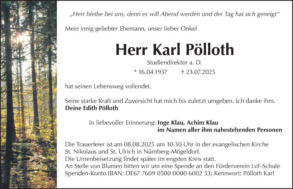  Traueranzeige für Karl Pölloth vom 02.08.2025 aus Gesamtausgabe Nürnberger Nachrichten/ Nürnberger Ztg.