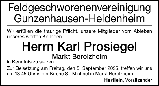 Traueranzeige von Karl Prosiegel von Altmühl-Bote Lokal