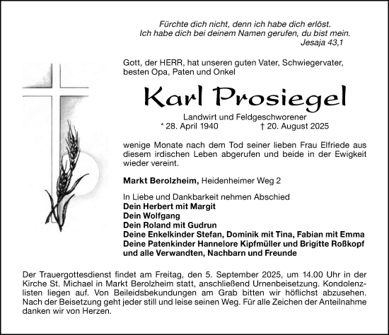 Traueranzeige von Karl Prosiegel von Altmühl-Bote Lokal