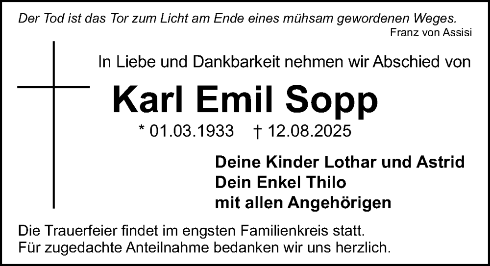  Traueranzeige für Karl Emil Sopp vom 16.08.2025 aus Gesamtausgabe Nürnberger Nachrichten/ Nürnberger Ztg.