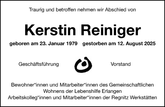 Traueranzeige von Kerstin Reiniger von Erlanger Nachrichten Lokal