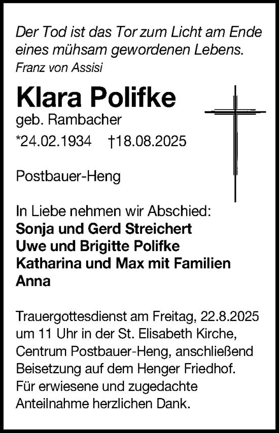 Traueranzeige von Klara Polifke von Gesamtausgabe Nürnberger Nachrichten/ Nürnberger Ztg.