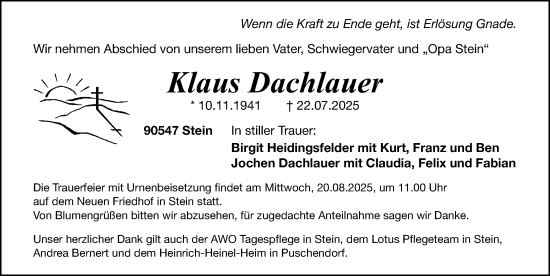 Traueranzeige von Klaus Dachlauer von Gesamtausgabe Nürnberger Nachrichten/ Nürnberger Ztg.