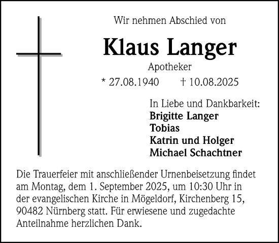 Traueranzeige von Klaus Langer von Gesamtausgabe Nürnberger Nachrichten/ Nürnberger Ztg.