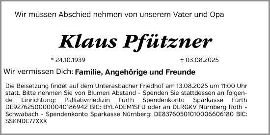Traueranzeige von Klaus Pfützner von Gesamtausgabe Nürnberger Nachrichten/ Nürnberger Ztg.