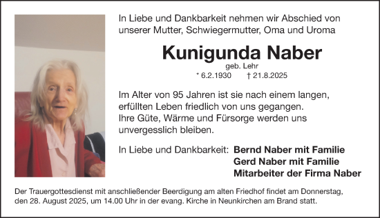 Traueranzeige von Kunigunda Naber von Nordbayerische Nachrichten Forchheim Lokal