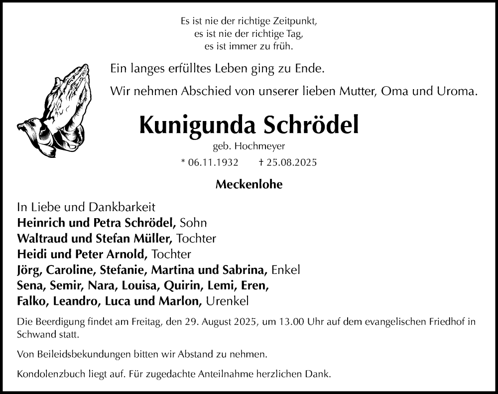  Traueranzeige für Kunigunda Schrödel vom 28.08.2025 aus Roth-Hilpoltsteiner Volkszeitung Lokal