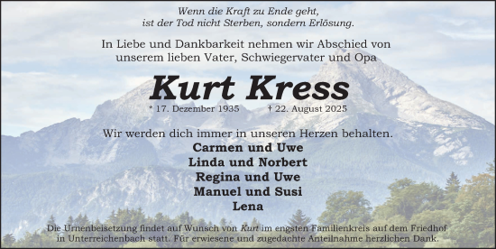 Traueranzeige von Kurt Kress von Schwabacher Tagblatt Lokal