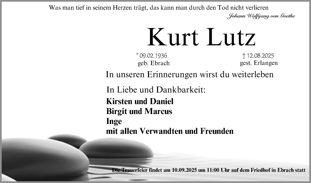  Traueranzeige für Kurt Lutz vom 30.08.2025 aus Erlanger Nachrichten Lokal